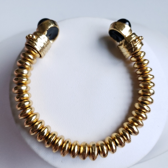 Chunky Vintage Yellow Goldtone Disc Cuff Bracelet w Black Glass Cabochons - Picture 5 of 16